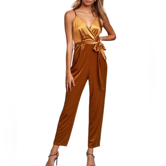Lulus Regal Evening Copper Velvet Jumpsuit Small Party Cocktail Dressy - Picture 2 of 16